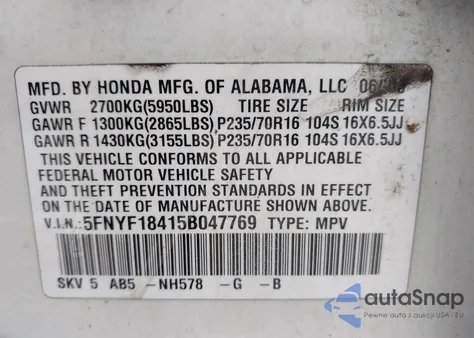 2005 Honda Pilot Ex from USA, damaged, VIN 5FNYF18415B047769